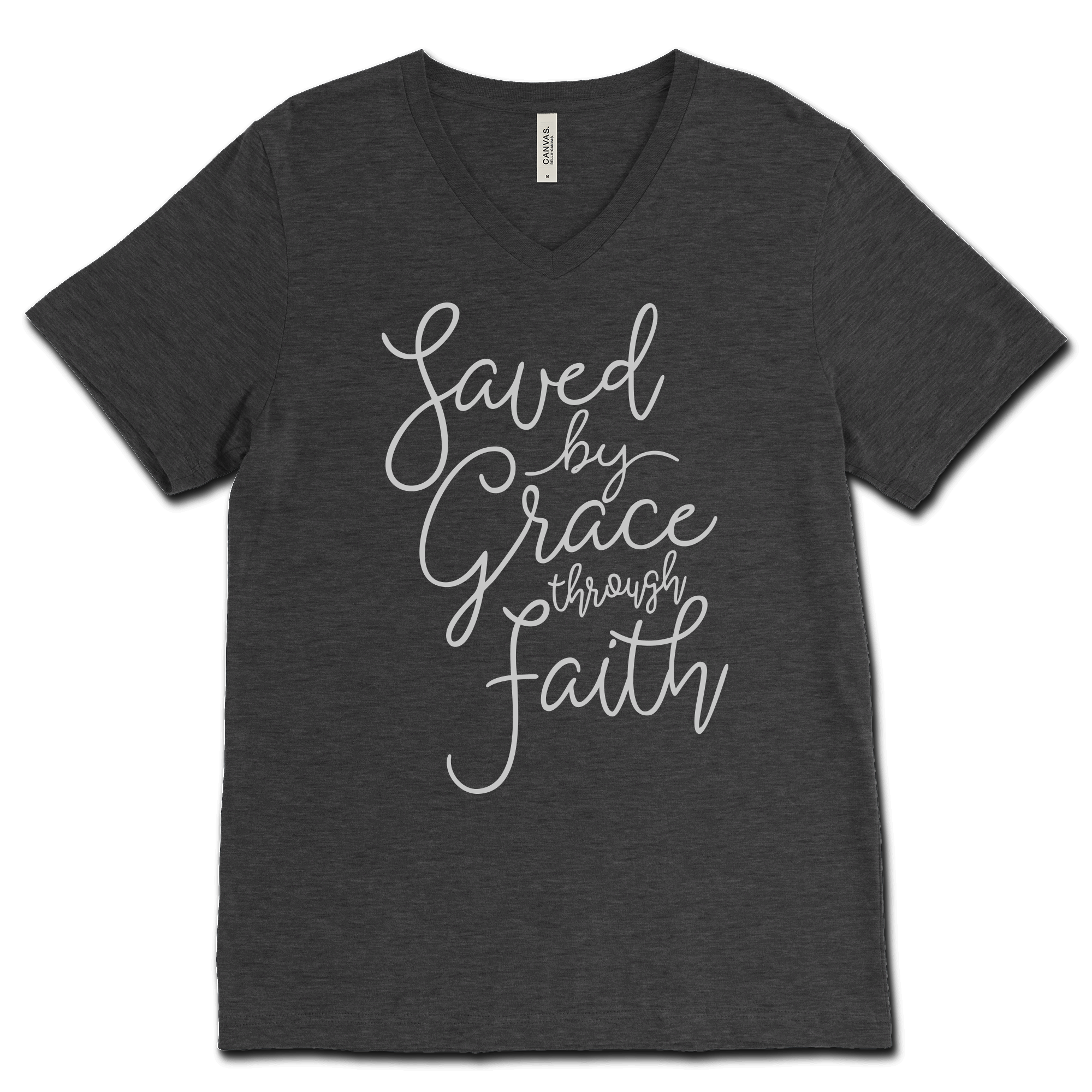 Saved By Grace Through Faith Script V‐Neck Tee