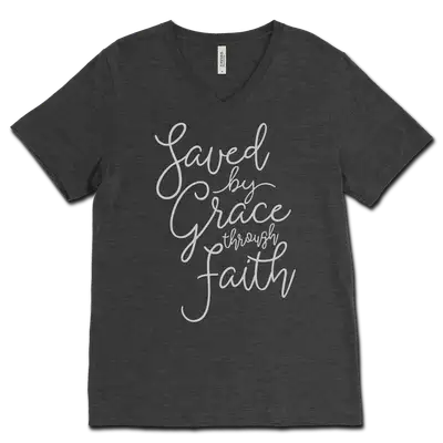 Saved By Grace Through Faith Script V‐Neck Tee