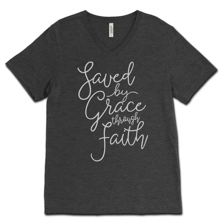 Saved By Grace Through Faith Script V&dash;Neck Tee