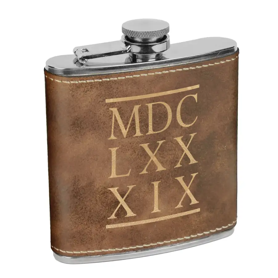 1689 BCF Roman Numerals Leatherette Flask &dash; Brown