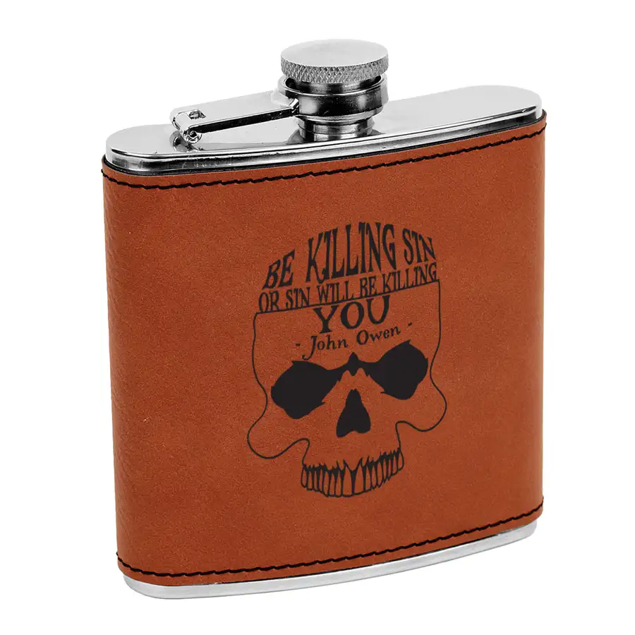 Be Killing Sin (Skull) Leatherette Flask &dash; Brown