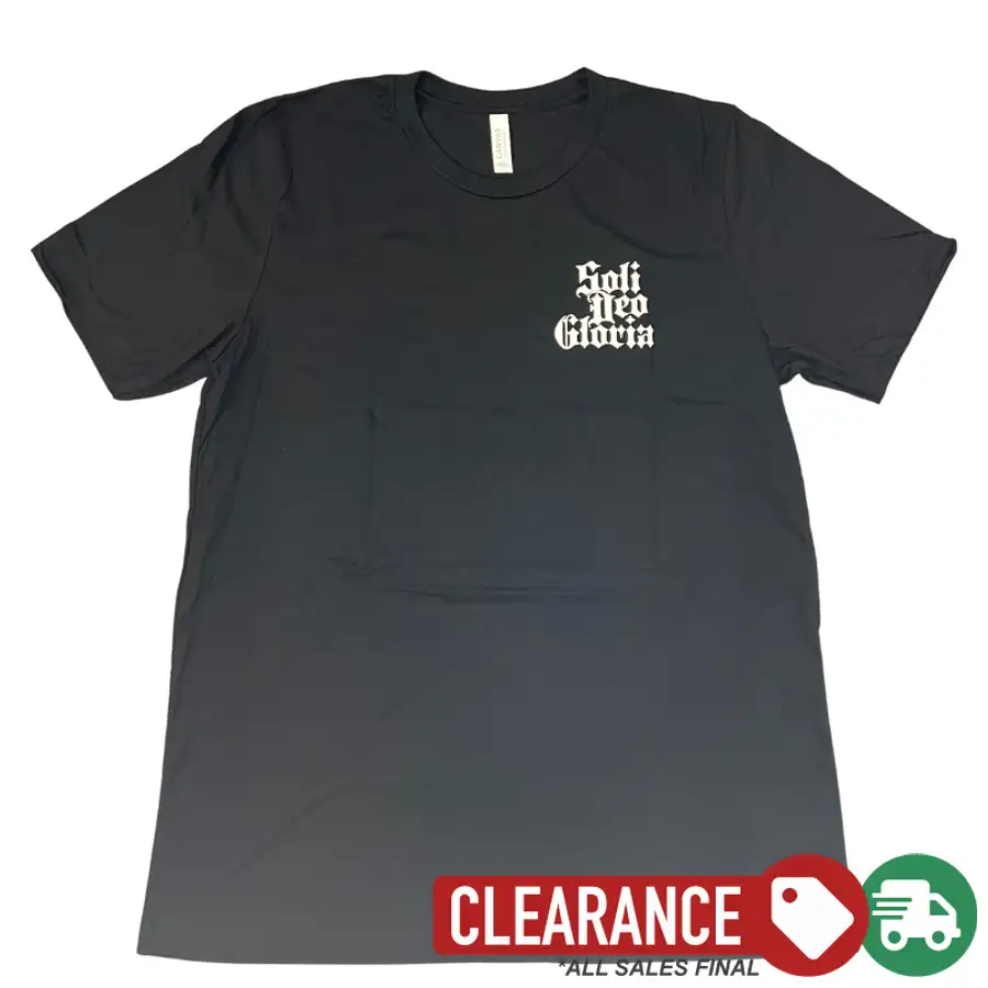Clearance: L, Solid Black, Soli Deo Gloria (Blackletter) Left Chest Tee