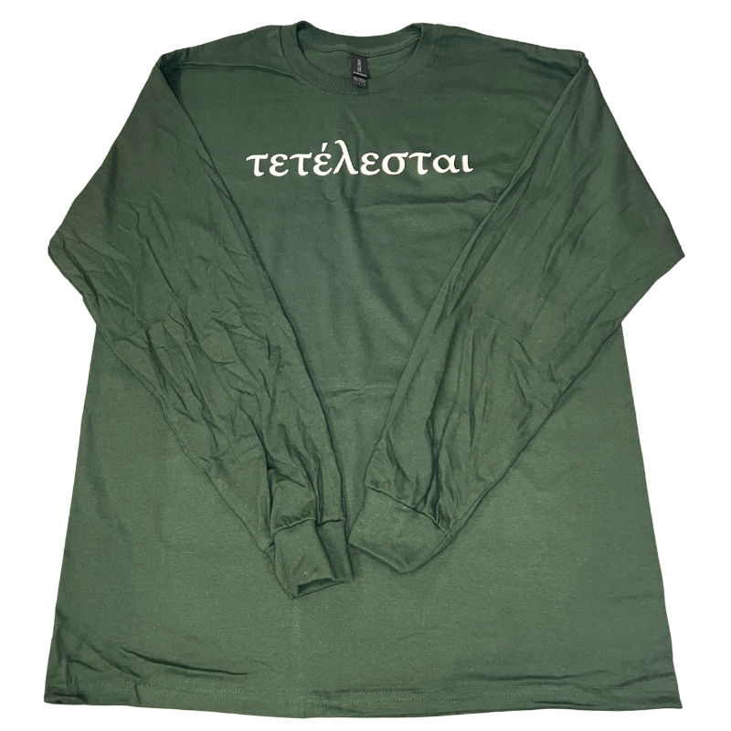 Imperfection: L, Forest Green, Tetelestai (Greek) Longsleeve Tee